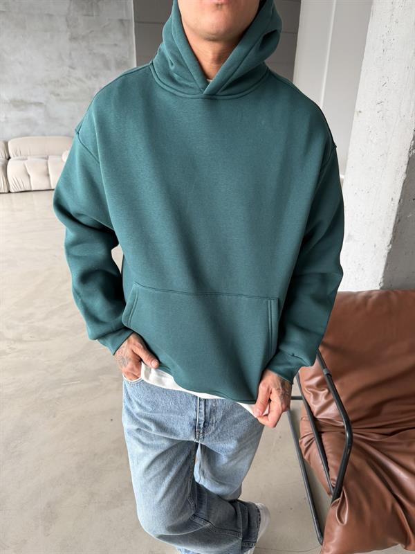 Düz Basic Kapüşonlu Sweatshirt - Yeşil