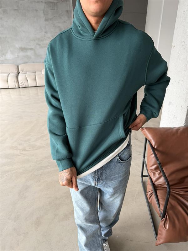Düz Basic Kapüşonlu Sweatshirt - Yeşil