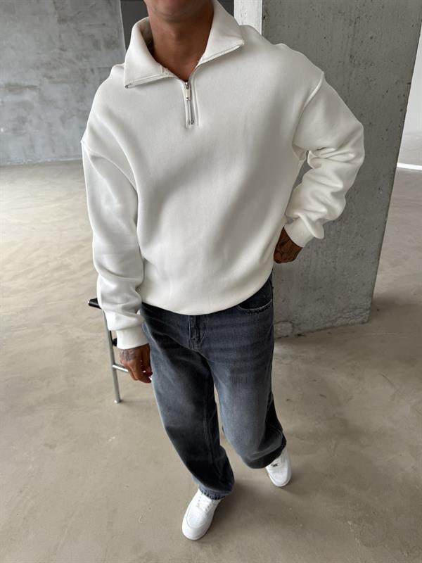 Düz Basic Yarım Fermuarlı Zip Sweat - Beyaz