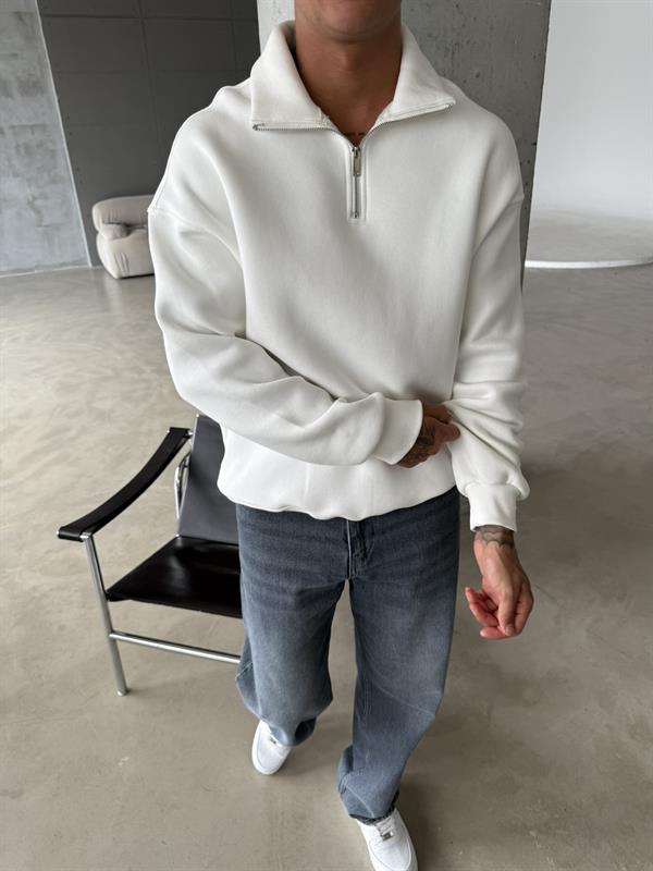 Düz Basic Yarım Fermuarlı Zip Sweat - Beyaz