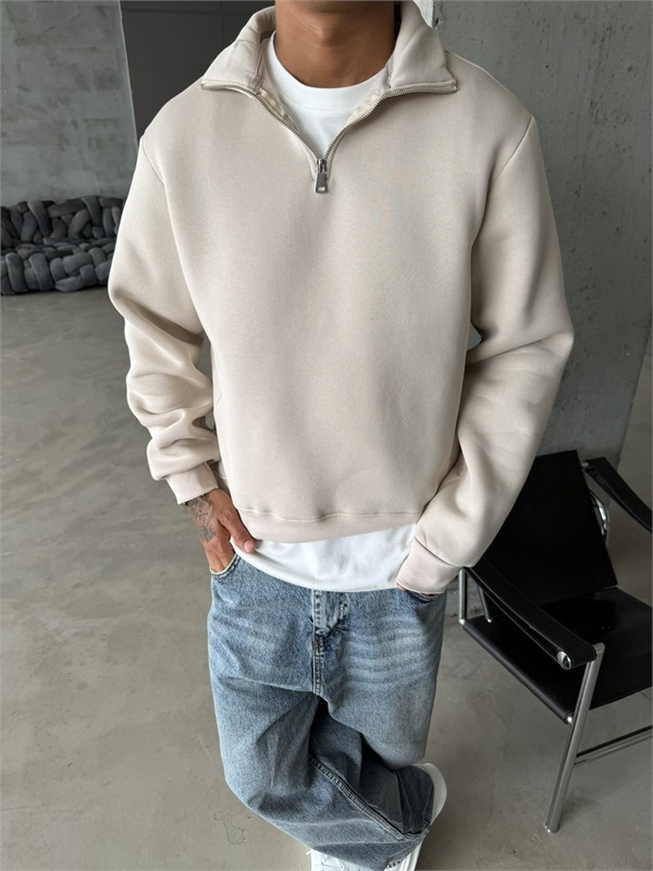 Düz Basic Yarım Fermuarlı Zip Sweat -  Bej