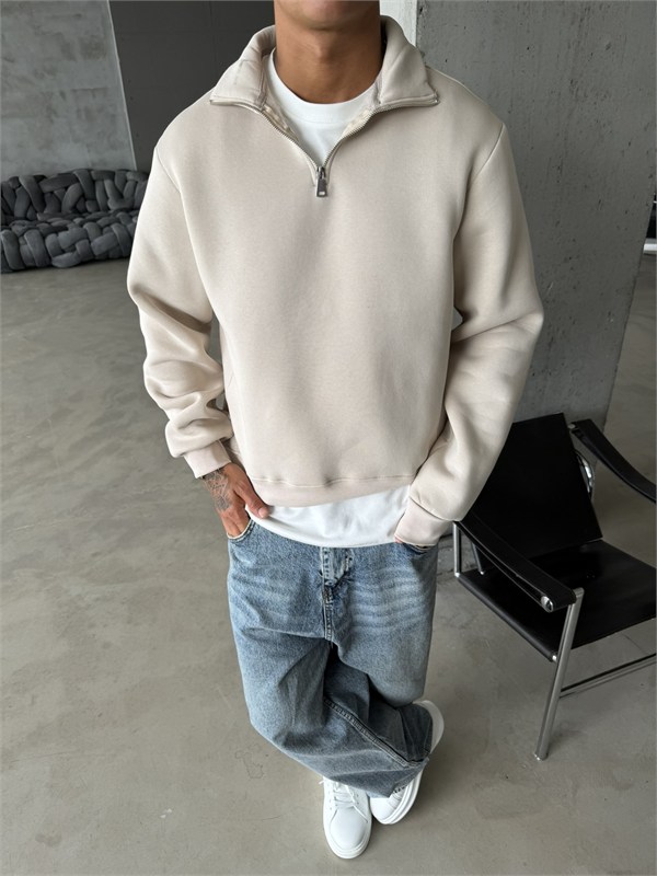 Düz Basic Yarım Fermuarlı Zip Sweat -  Bej