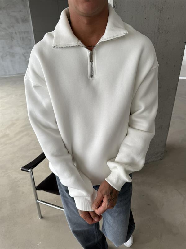 Düz Basic Yarım Fermuarlı Zip Sweat - Beyaz