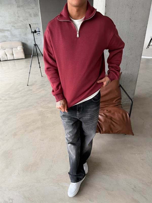 Düz Basic Yarım Fermuarlı Zip Sweat -  Bordo