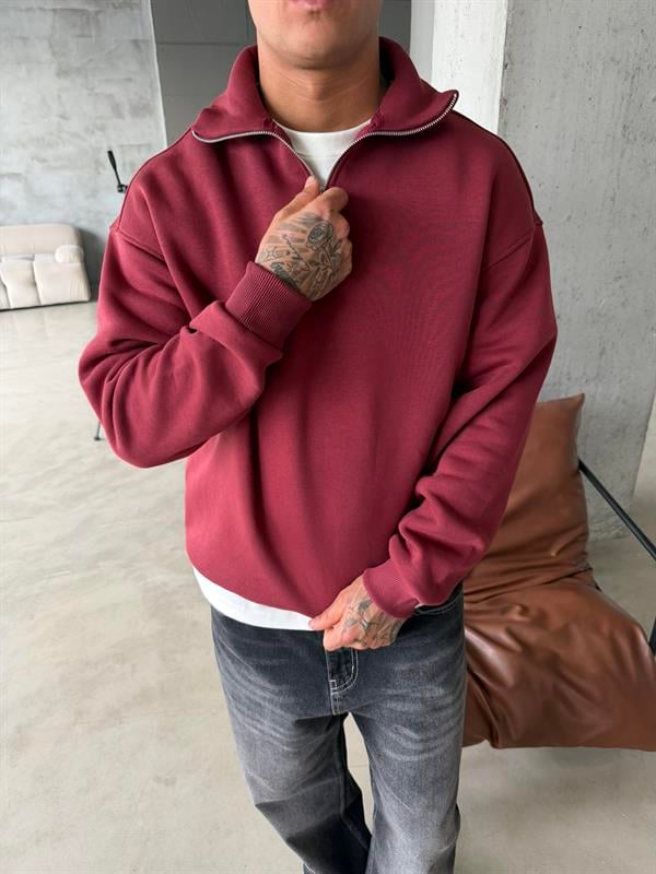Düz Basic Yarım Fermuarlı Zip Sweat -  Bordo