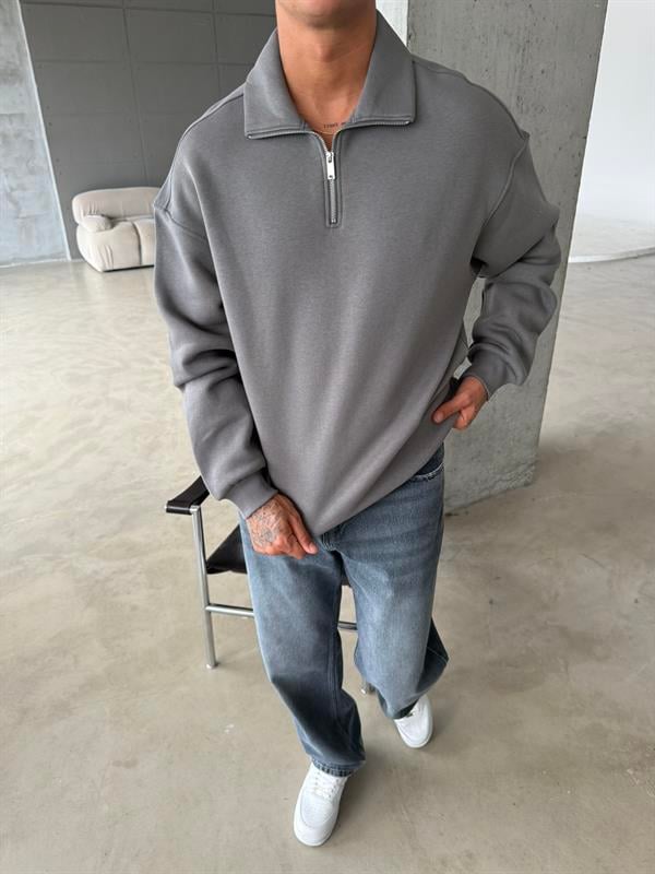 Düz Basic Yarım Fermuarlı Zip Sweat - Füme