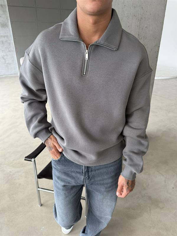 Düz Basic Yarım Fermuarlı Zip Sweat - Füme