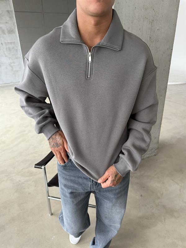 Düz Basic Yarım Fermuarlı Zip Sweat - Füme