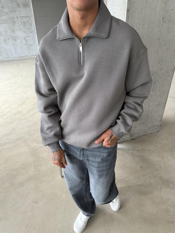 Düz Basic Yarım Fermuarlı Zip Sweat - Füme