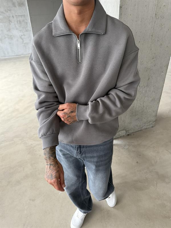 Düz Basic Yarım Fermuarlı Zip Sweat - Füme