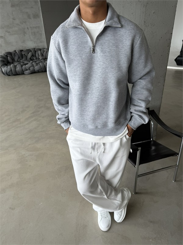 Düz Basic Yarım Fermuarlı Zip Sweat -  Gri