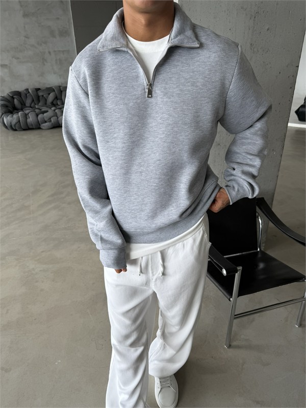 Düz Basic Yarım Fermuarlı Zip Sweat -  Gri