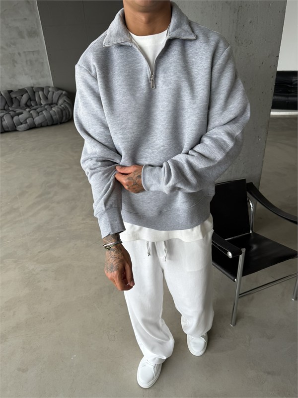 Düz Basic Yarım Fermuarlı Zip Sweat -  Gri