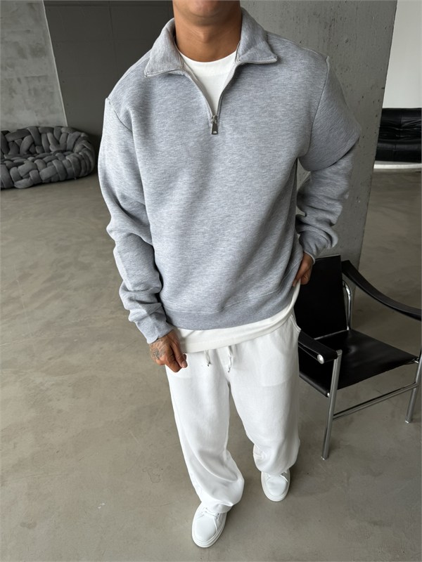 Düz Basic Yarım Fermuarlı Zip Sweat -  Gri