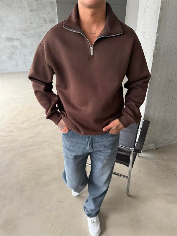 Düz Basic Yarım Fermuarlı Zip Sweat - Kahve