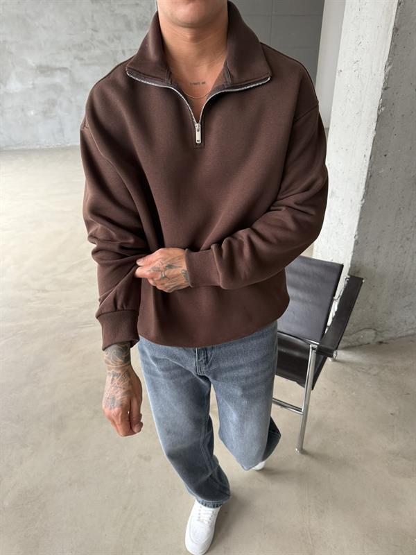 Düz Basic Yarım Fermuarlı Zip Sweat - Kahve