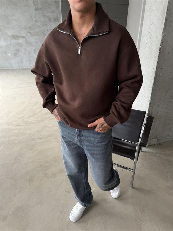 Düz Basic Yarım Fermuarlı Zip Sweat - Kahve