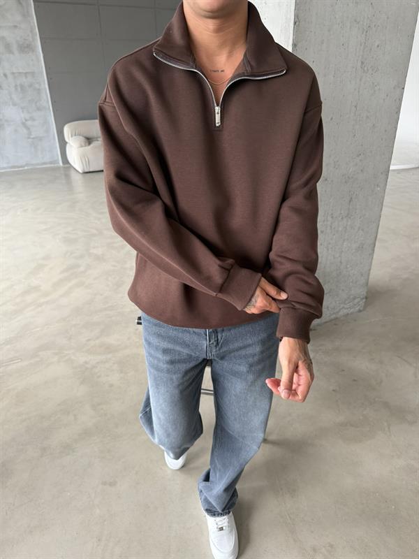 Düz Basic Yarım Fermuarlı Zip Sweat - Kahve