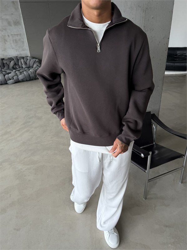 Düz Basic Yarım Fermuarlı Zip Sweat -  Koyu Kahve