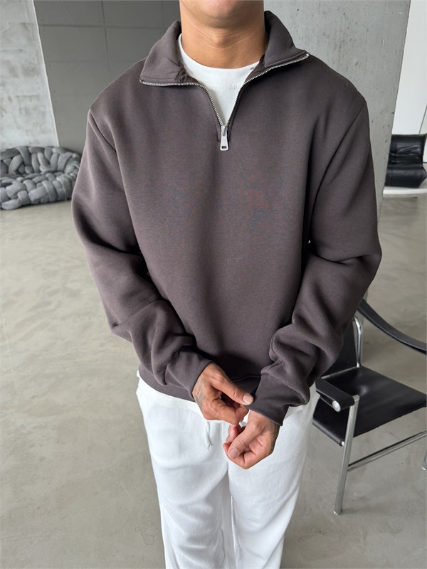 Düz Basic Yarım Fermuarlı Zip Sweat -  Koyu Kahve