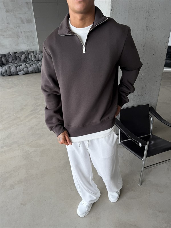 Düz Basic Yarım Fermuarlı Zip Sweat -  Koyu Kahve