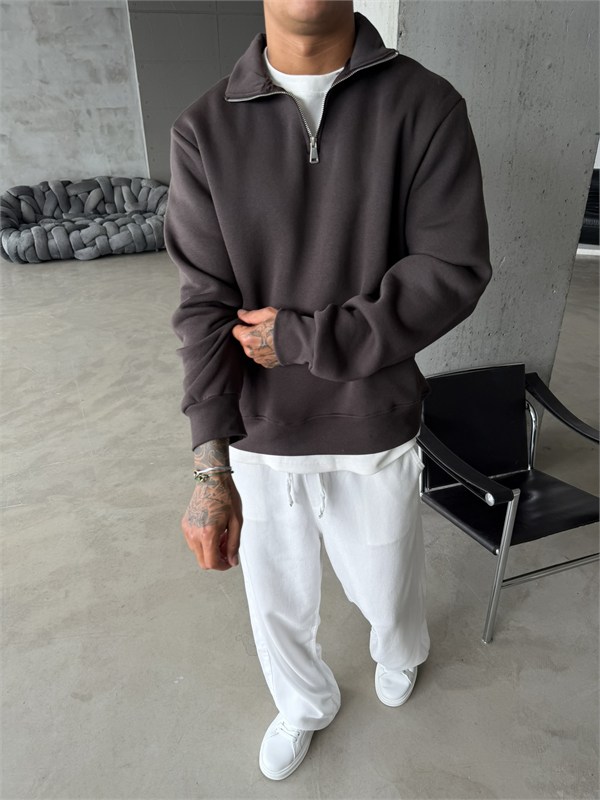 Düz Basic Yarım Fermuarlı Zip Sweat -  Koyu Kahve