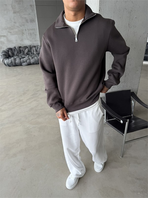 Düz Basic Yarım Fermuarlı Zip Sweat -  Koyu Kahve