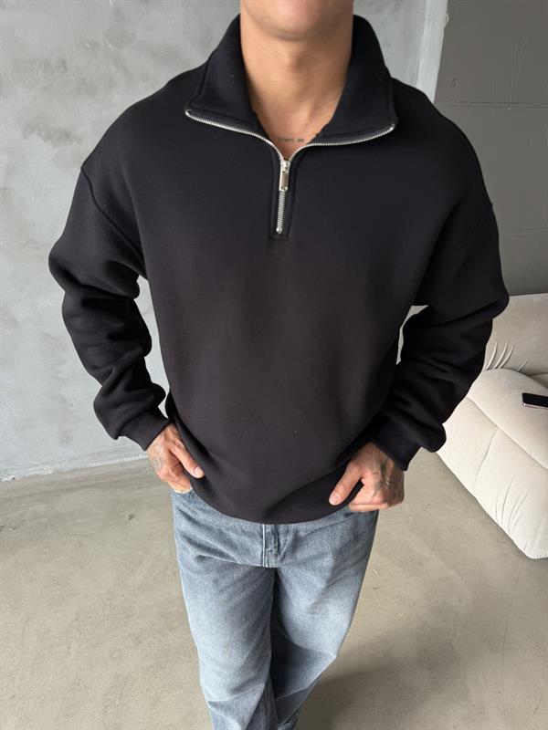 Düz Basic Yarım Fermuarlı Zip Sweat - Siyah