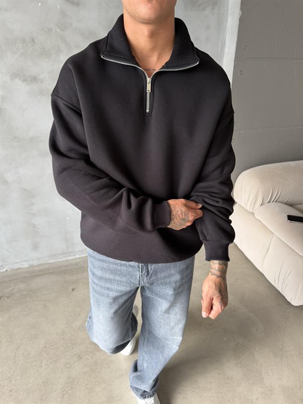 Düz Basic Yarım Fermuarlı Zip Sweat - Siyah