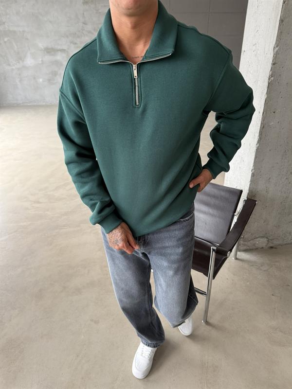 Düz Basic Yarım Fermuarlı Zip Sweat - Yeşil