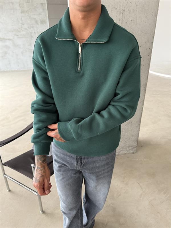 Düz Basic Yarım Fermuarlı Zip Sweat - Yeşil