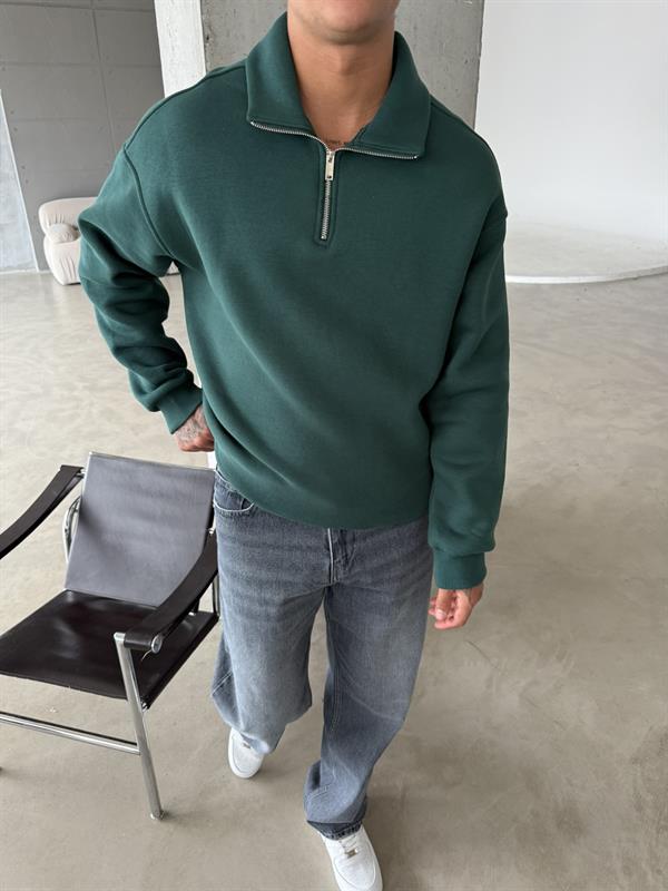 Düz Basic Yarım Fermuarlı Zip Sweat - Yeşil