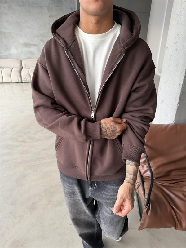 Düz Basic Zip hırka - Kahve