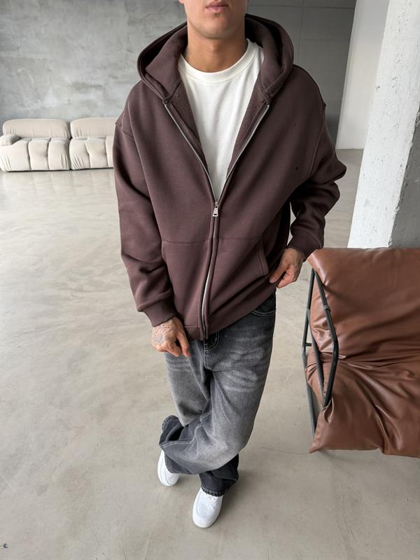 Düz Basic Zip hırka - Kahve