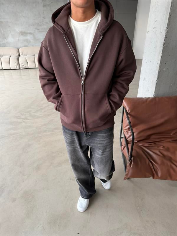 Düz Basic Zip hırka - Kahve
