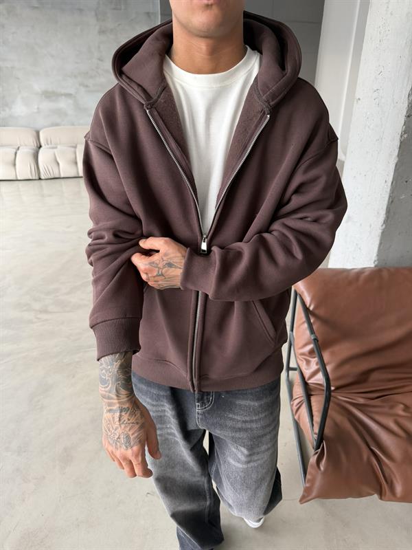 Düz Basic Zip hırka - Kahve