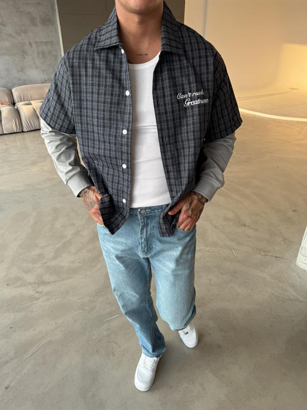 Ekose Eklem Kol Detaylı Gömlek - Mavi