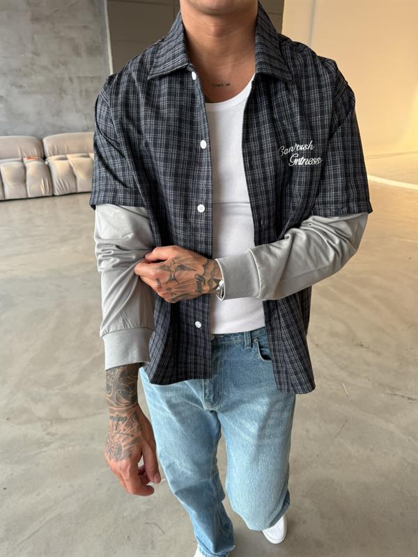 Ekose Eklem Kol Detaylı Gömlek - Mavi