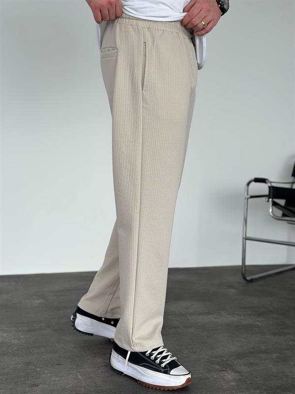 Erkek Baggy Fit Beli Lastikli Çizgili (Fitilli) Pantolon Bej