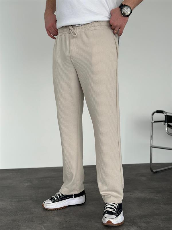 Erkek Baggy Fit Beli Lastikli Çizgili (Fitilli) Pantolon Bej