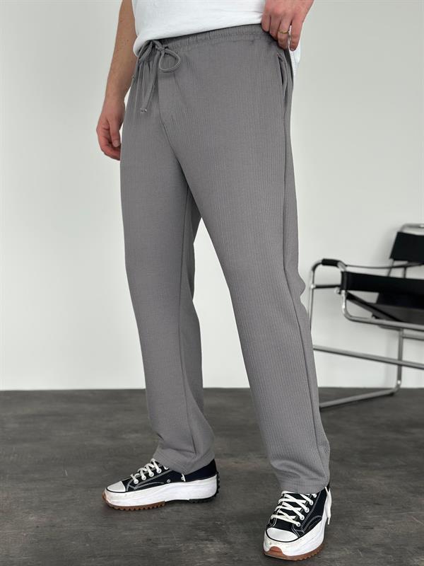 Erkek Baggy Fit Beli Lastikli Çizgili (Fitilli) Pantolon Gri