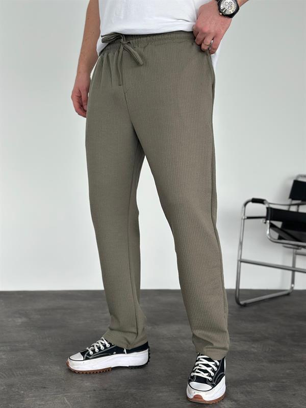Erkek Baggy Fit Beli Lastikli Çizgili (Fitilli) Pantolon Haki
