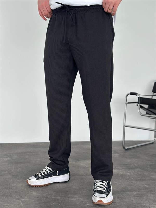 Erkek Baggy Fit Beli Lastikli Çizgili (Fitilli) Pantolon Siyah