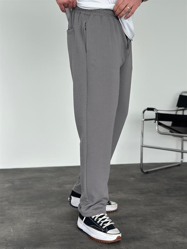 Erkek Baggy Fit Beli Lastikli Çizgili (Fitilli) Pantolon Gri