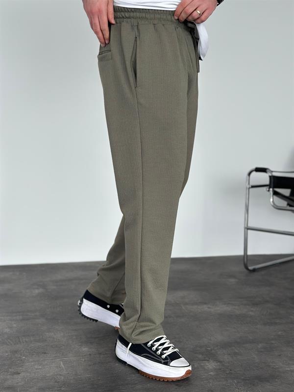 Erkek Baggy Fit Beli Lastikli Çizgili (Fitilli) Pantolon Haki