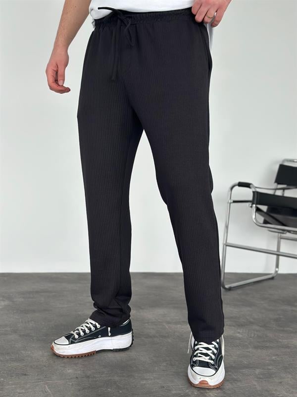 Erkek Baggy Fit Beli Lastikli Çizgili (Fitilli) Pantolon Siyah