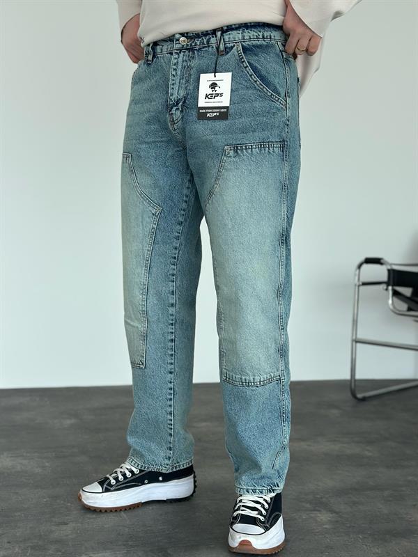 Erkek Baggy Fit Blok Detaylı Jean Pantolon Mavi