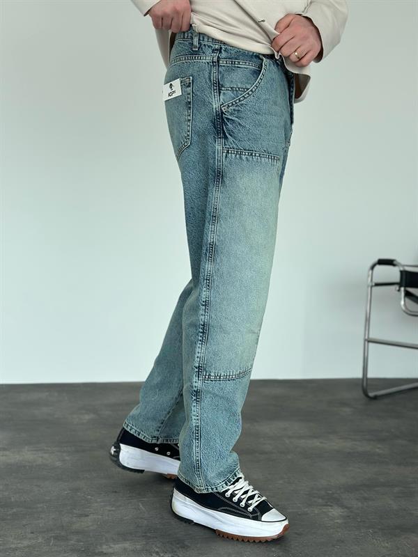 Erkek Baggy Fit Blok Detaylı Jean Pantolon Mavi
