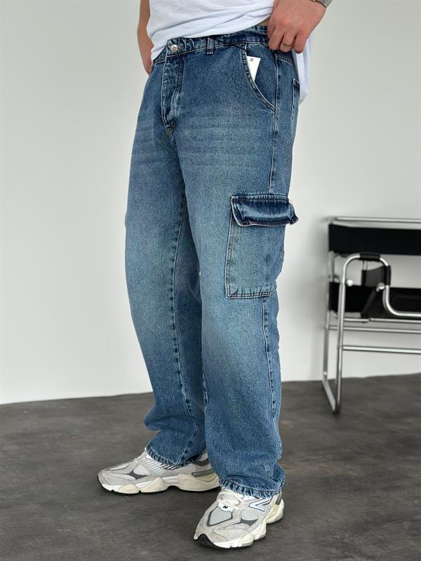 Erkek Baggy Fit Kargo Cepli Jean Kot Pantolon Mavi