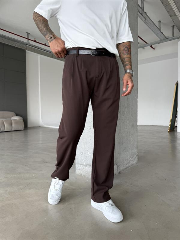 Erkek Baggy Fit Pileli Kumaş Pantolon - Kahve